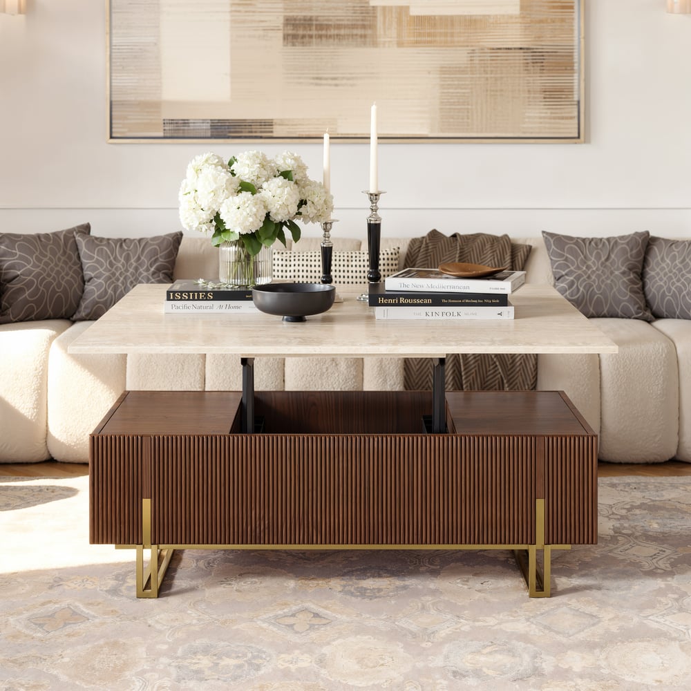 Table basse relevable Grovyn de 47,2" avec finition cannelée et 2 tiroirs image de fenêtre