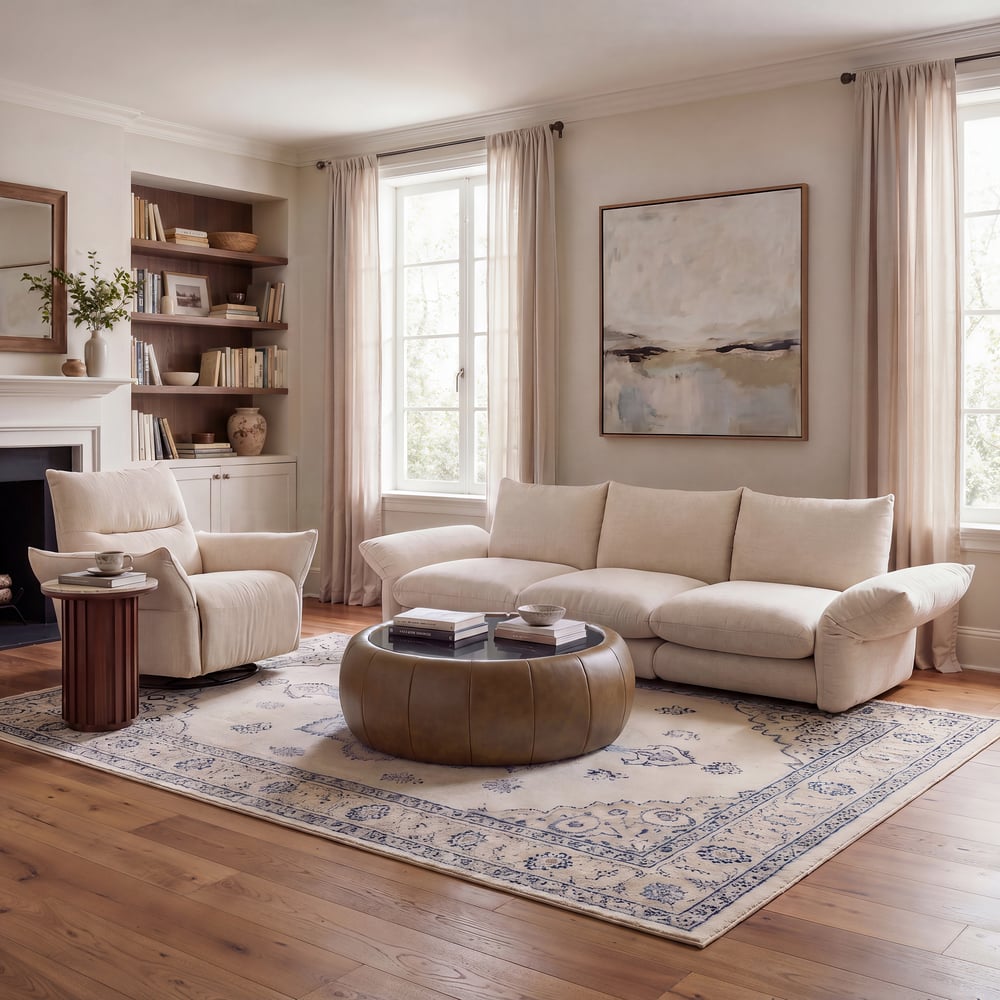 Modern 39" Round Performance Leather Ottoman Coffee Table with Hidden Storage window image