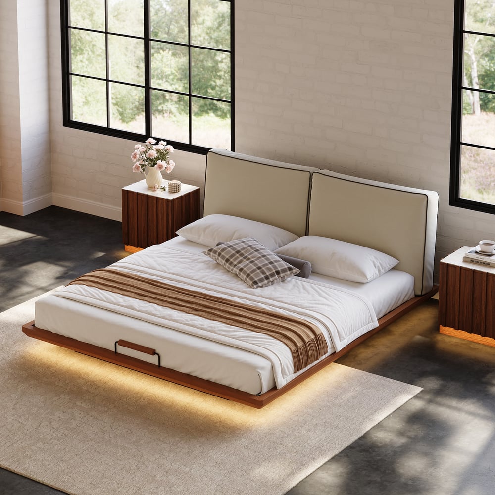 Japanese Style Solid Wood King Floating Bed with Headboard & Light window image