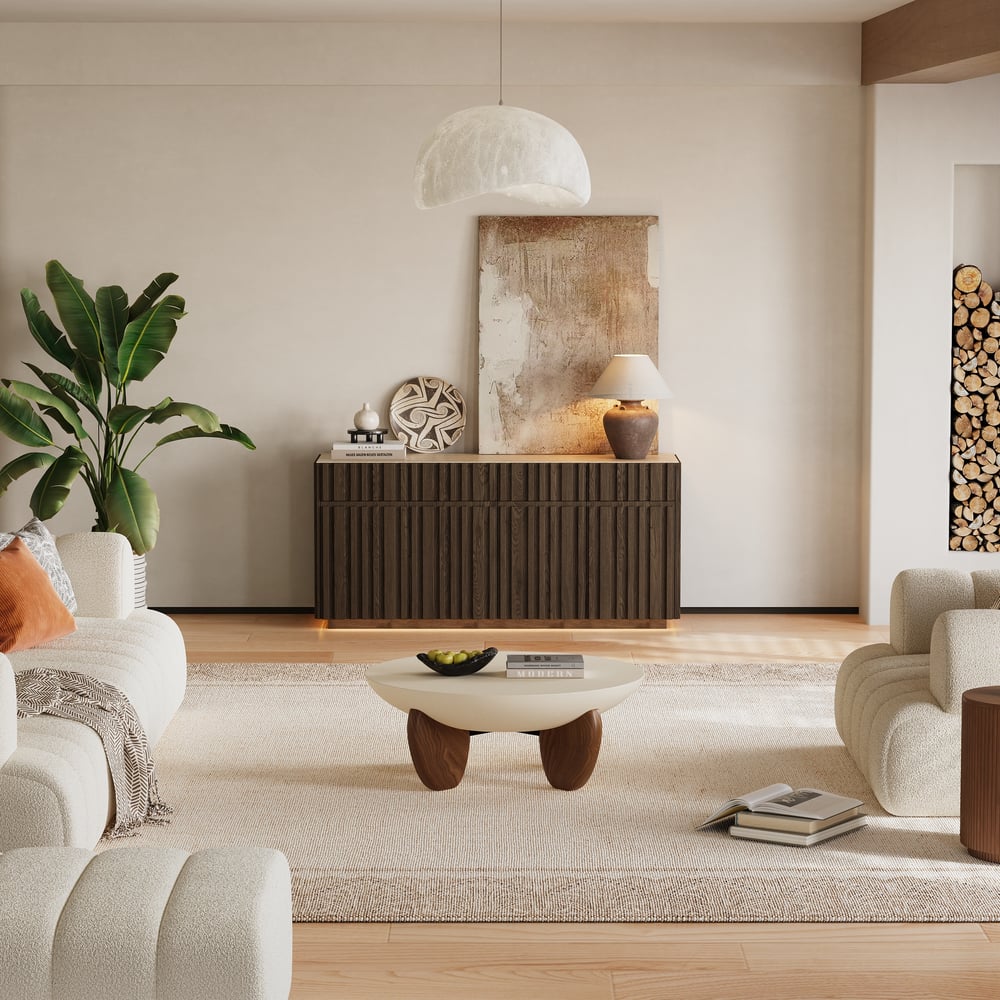Aura 65" Ash Wood Slatted TV Stand with Sintered Stone Top window image