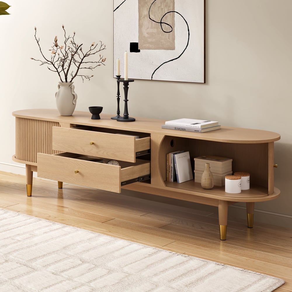 80" Ash Wood Fluted Natural TV Stand with Storage window image
