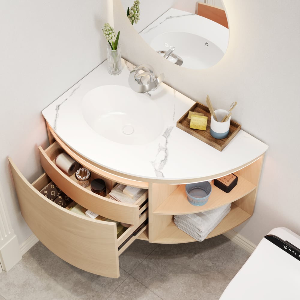 Meuble-lavabo d'angle de 91,44 cm avec rangement et éclairage LED à capteur image de fenêtre
