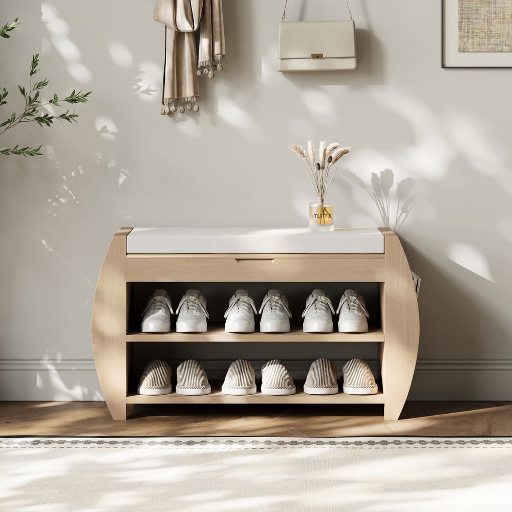 Banc d'entrée de rangement pour chaussures en placage de bois blanchi de 32 pouces avec porte-chaussures image de fenêtre