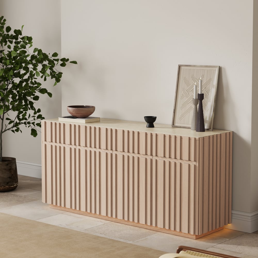 Aura 65" Ash Wood Slatted TV Stand with Sintered Stone Top window image