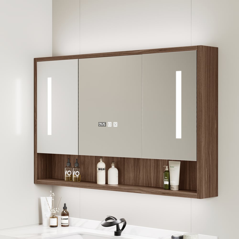 39" Walnut LED Medicine Cabinet with Adjustable Lighting, Demister and Digital Clock window image