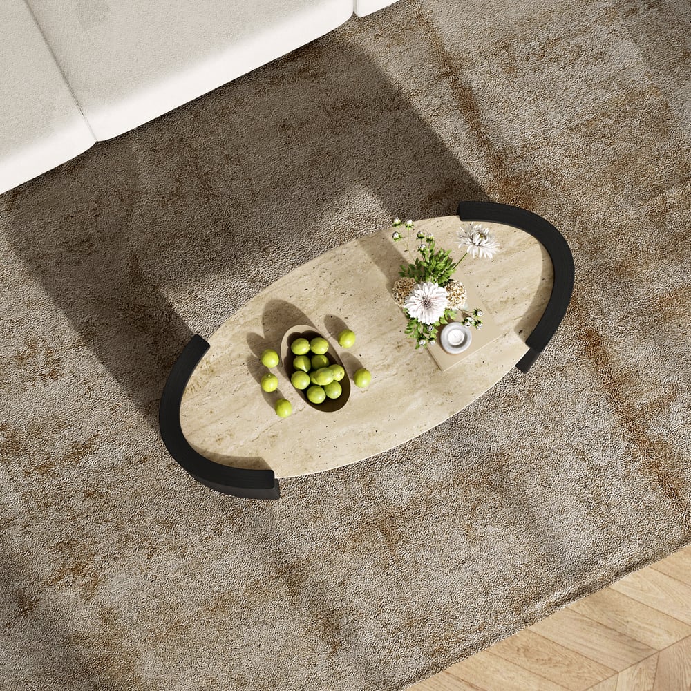 Table Basse de 43" en Pierre de Travertin Ovale Style Japandi image de fenêtre