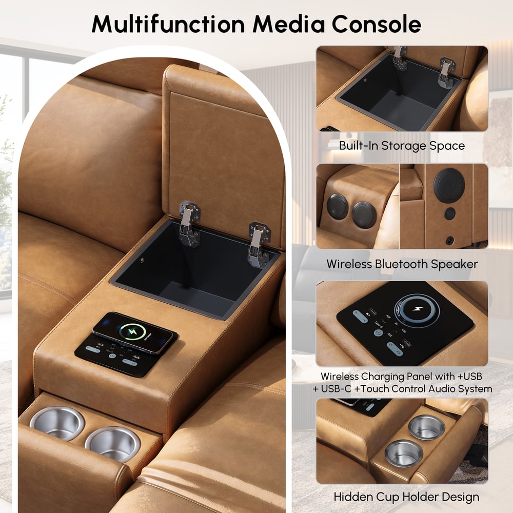 Genuine Leather Multifunction Media Console Power Reclining Sofa window image