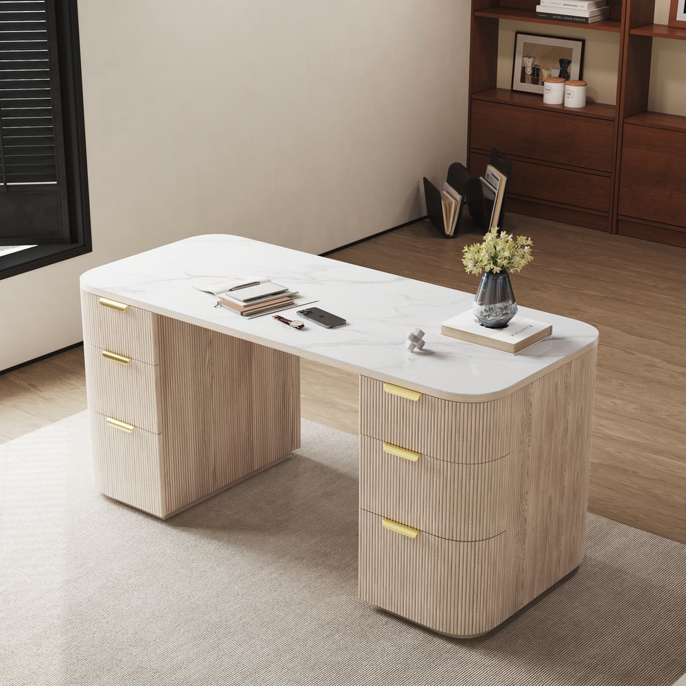 Modern Wash White Ash Wood & Sintered Stone Rectangle Desk with 6 Drawers (63.8") window image