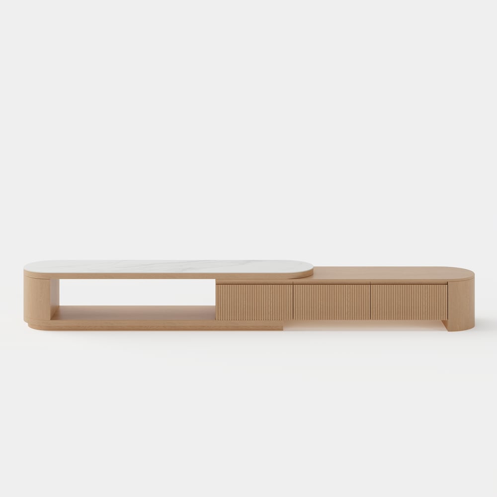 Velar 71"-114" Extendable Fluted TV Stand with Sintered Stone Top & 3 Drawers window image
