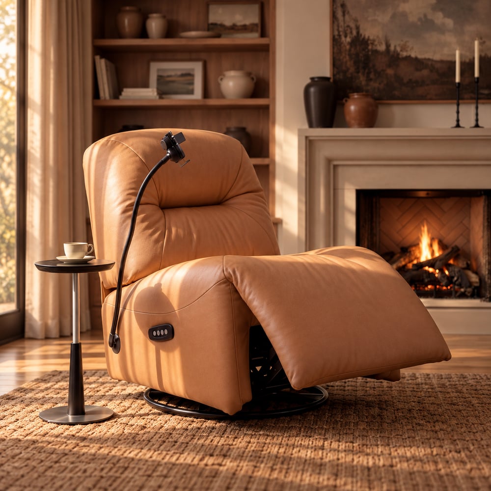 Fauteuil inclinable pivotant et basculant électrique en cuir véritable avec support de téléphone image de fenêtre