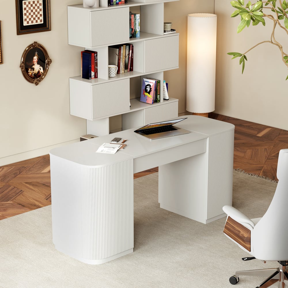 72.8" Warm White Sliding Door Etagere Bookshelf 5-Shelf Tall Book Shelf Rich Storage window image