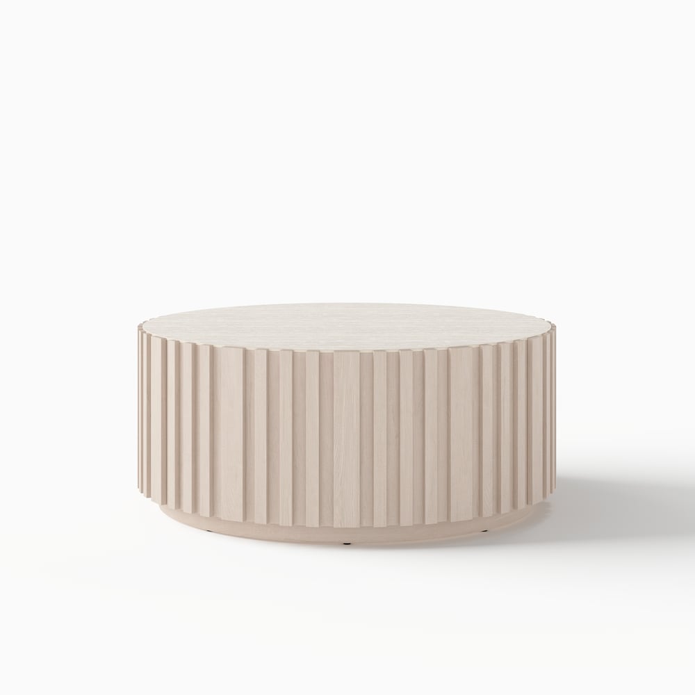 Aura 35" Round Washed White Slatted Sintered Stone Coffee Table with 2 Drawers window image