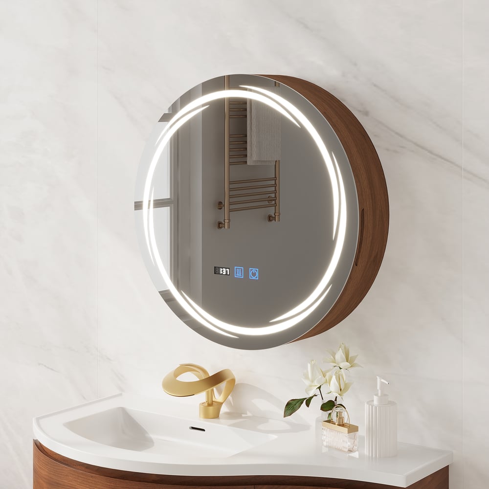 24" Round LED Walnut Medicine Cabinet with Storage, Anti-Fog, Dimmable window image