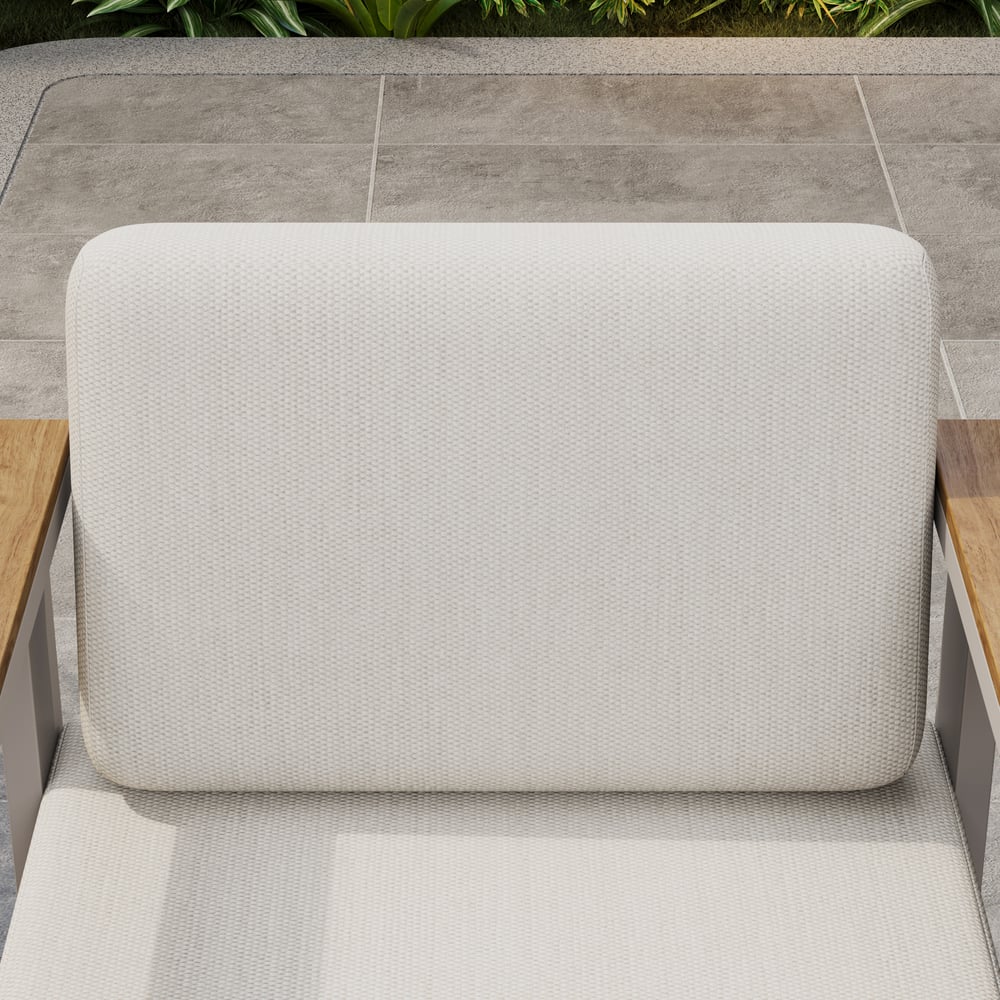 Tevara Teak Wood Modern Outdoor Bar Set Sand Frame & Warm White Cushion window image
