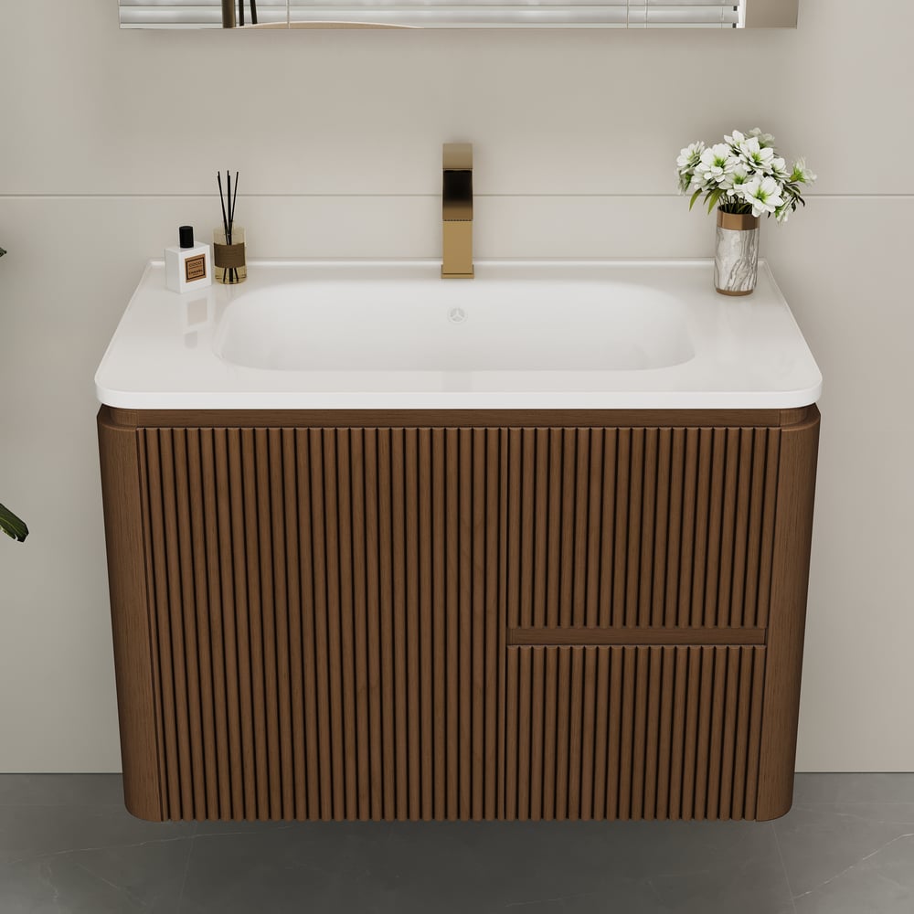 Meuble-lavabo de salle de bain flottant cannelé moderne de 81 cm avec lavabo, éclairage LED doux et grand espace de rangement image de fenêtre