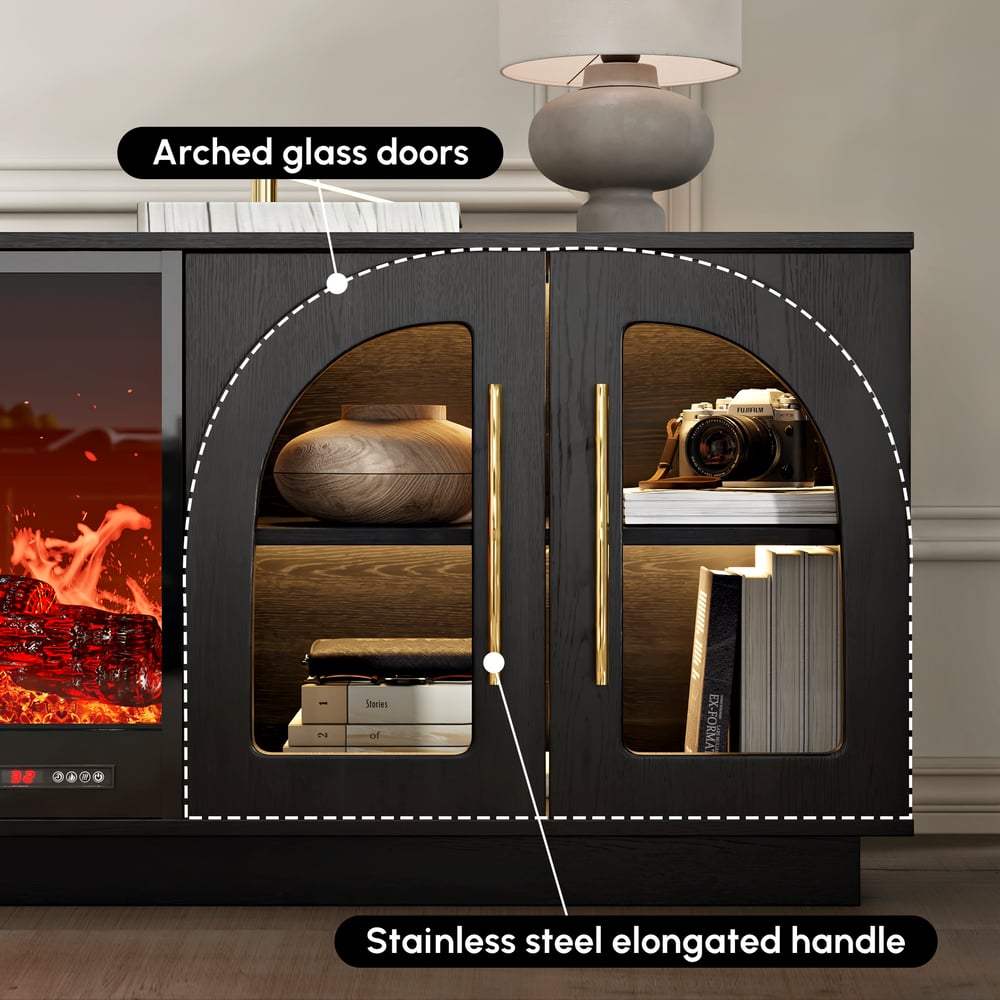 Arune 80" Arched Glass Doors TV Stand with Electric Fireplace & Remote Control window image