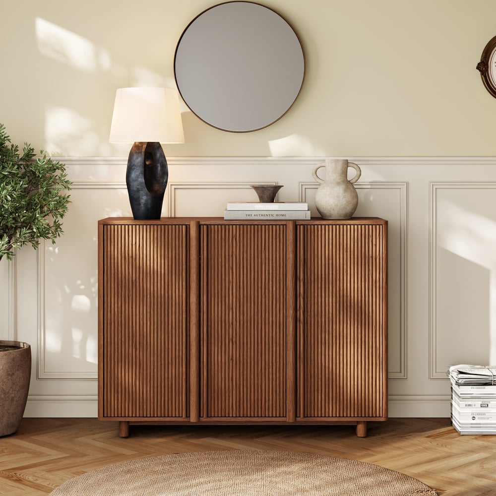 Lineva 48" Ash Wood Veneer Shoe Storage Fluted Entryway Cabinet window image