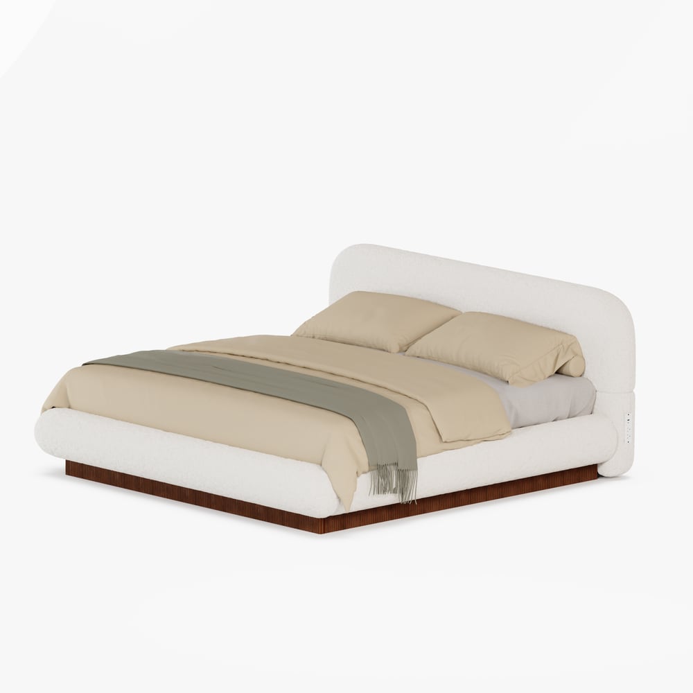 Modern Boucle Upholstered Bed with Charging Station & Fluted Base window image