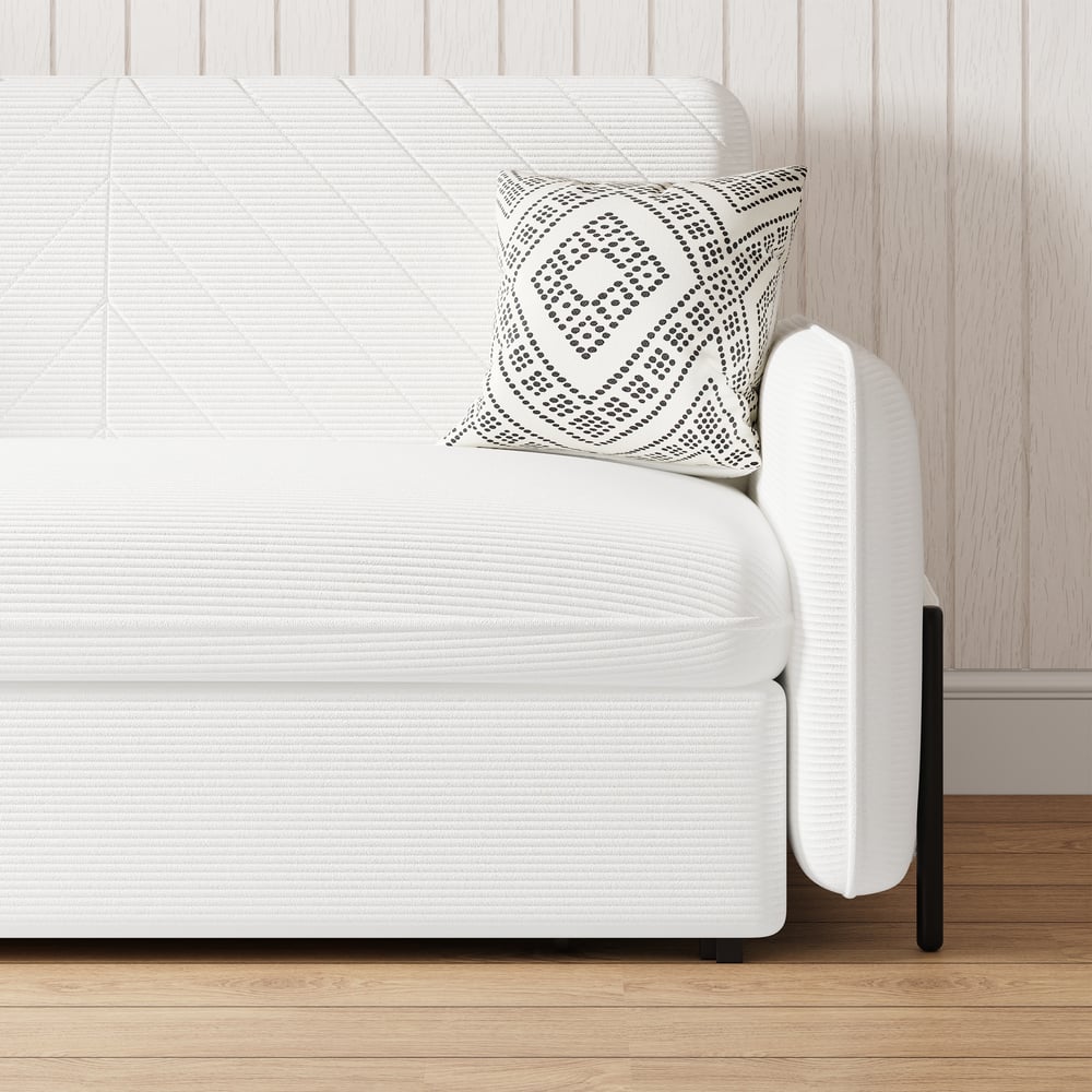 Canapé convertible lit 172 cm 2 places velours côtelé blanc avec rangement et coussins image de fenêtre