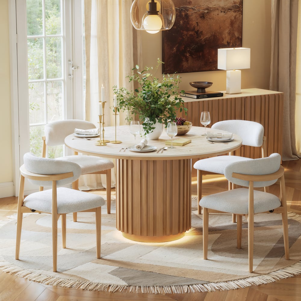 Aura 47" Round Natural Faux Travertine Sintered Stone Dining Table, Fluted Base, Seats 4 window image