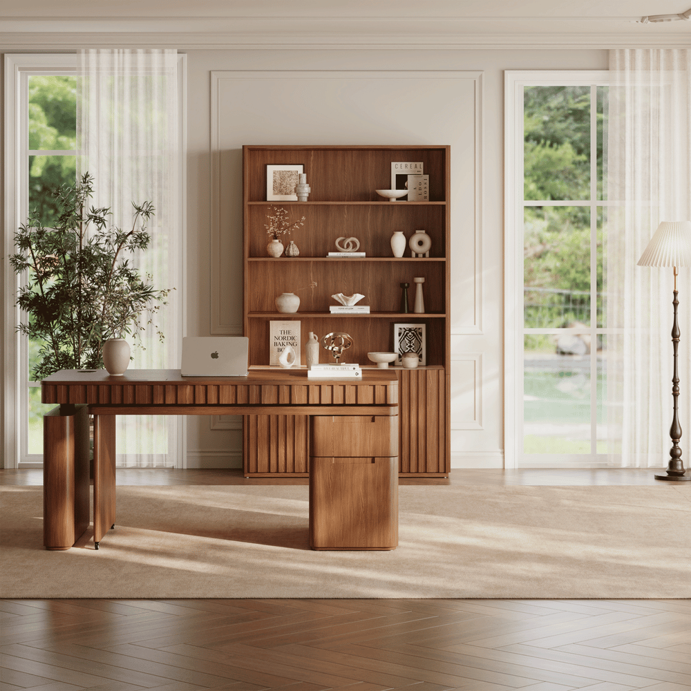 Aura 63" Walnut Flutted 360-Degree Rotating Desk Electric Adjustable Standing Desk window image