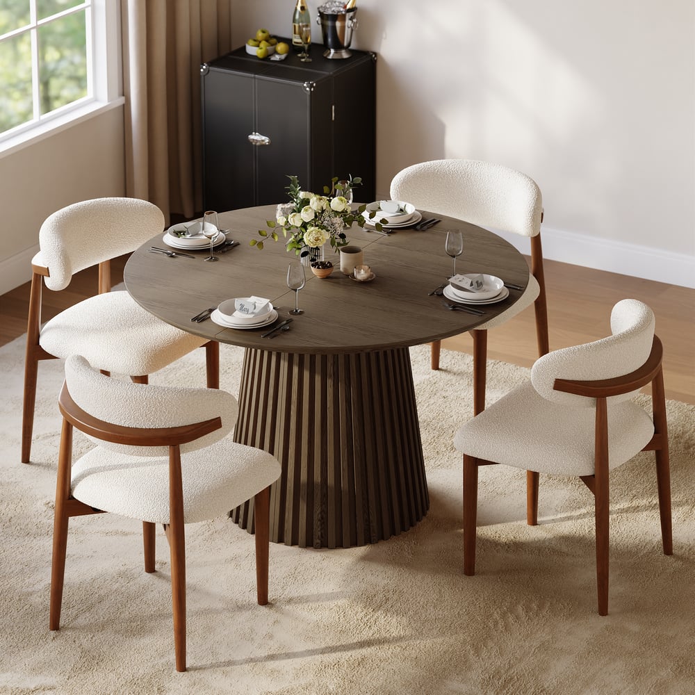 Modern 47"-79" Extendable Smoky Brown Wood Dining Table with Fluted Base, Seats 4-6 window image