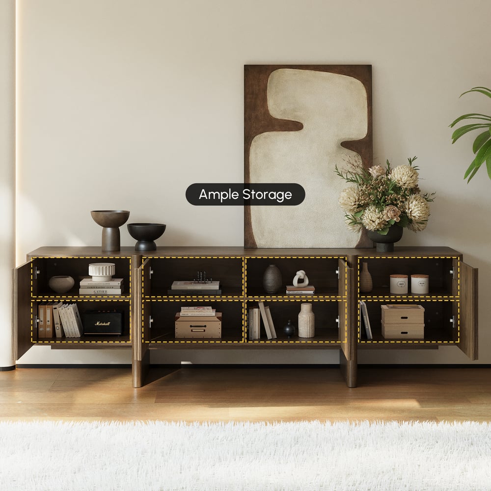Lineva 80" Solid Wood Fluted Smoked Brown TV Stand with Cabinets window image