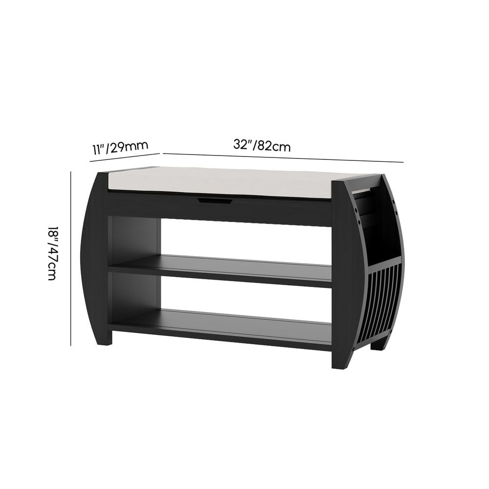 Banc d'entrée de rangement de chaussures noir en bois massif de 81 cm avec étagère à chaussures Poids, dimensions, image