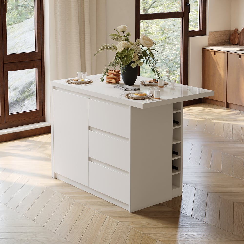 Îlot de cuisine moderne de 50 pouces en placage de marbre avec grand espace de rangement, blanc image de fenêtre