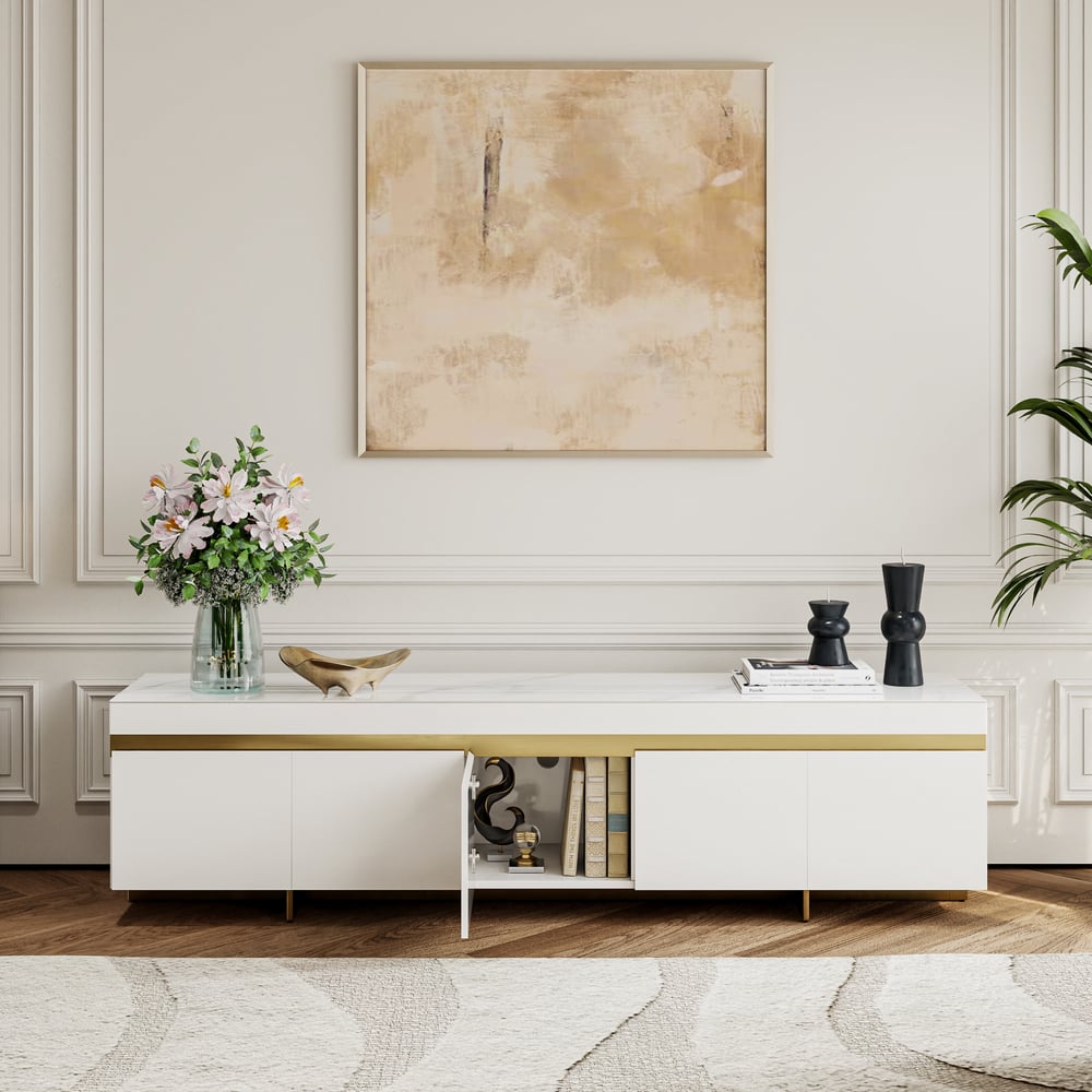 86" White Sintered Stone Top TV Stand with 4 Drawers window image