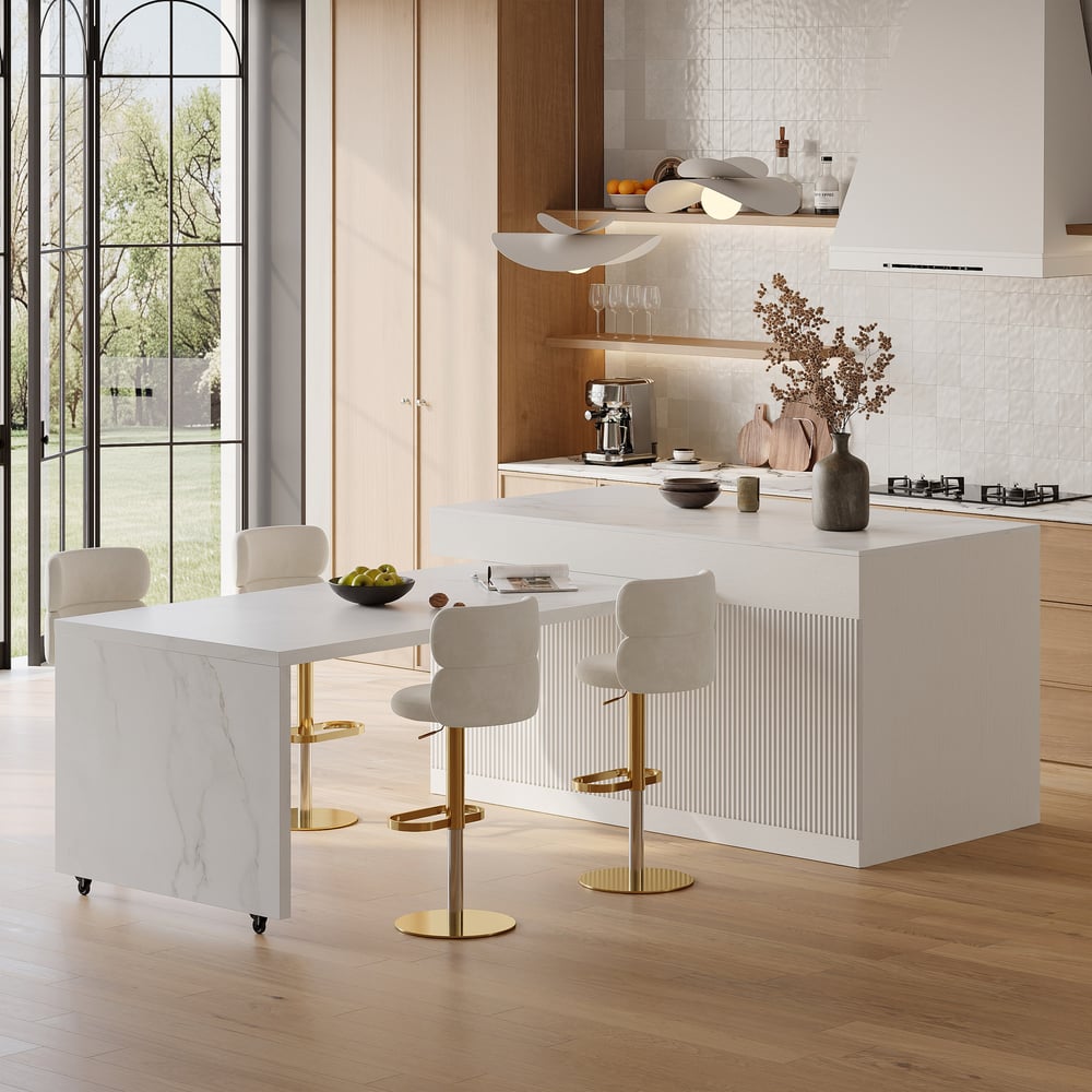 Modern 81"-112" Marble Pattern Kitchen Island with Doors & Drawers, White window image