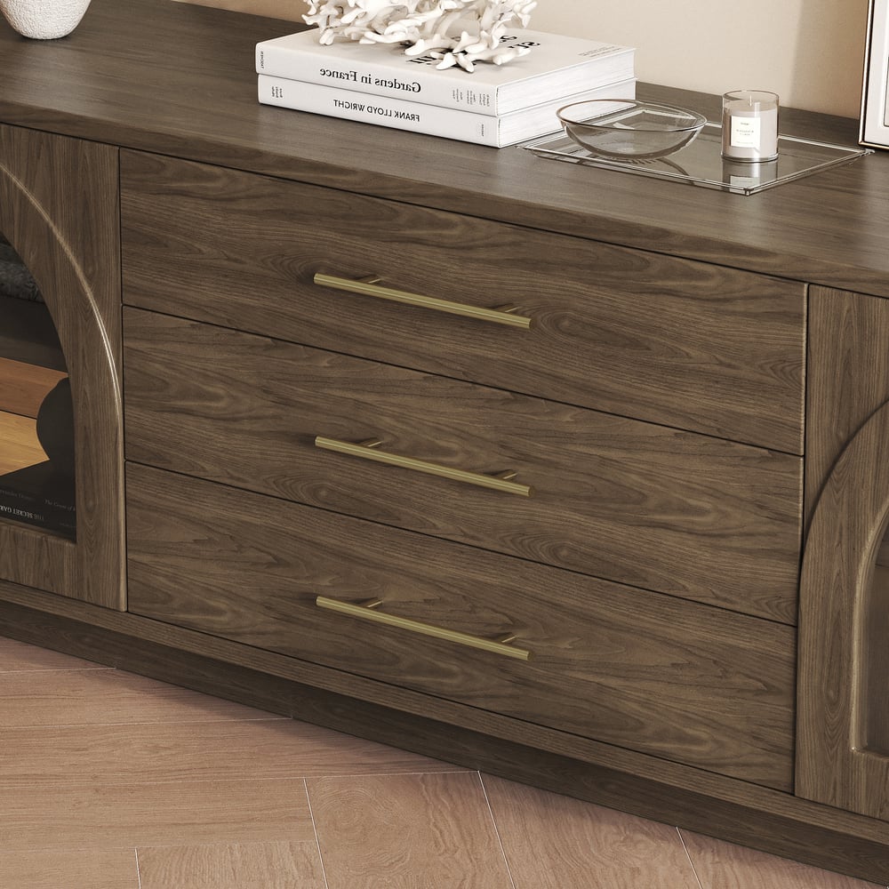 Arune 80" Arched Glass Doors Smoked Brown TV Stand with Storage and LED window image