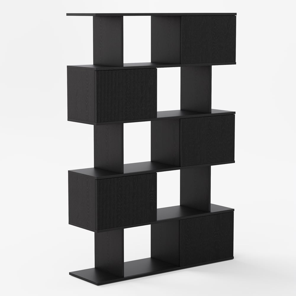 72.8" Black Sliding Door Etagere Bookshelf 5-Shelf Tall Book Shelf Rich Storage window image