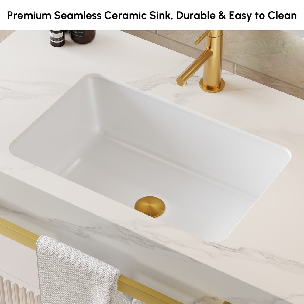Mueble de baño flotante de 91 cm (36") con doble lavabo, encimera de piedra sinterizada, toallero dorado Imagen de ventana