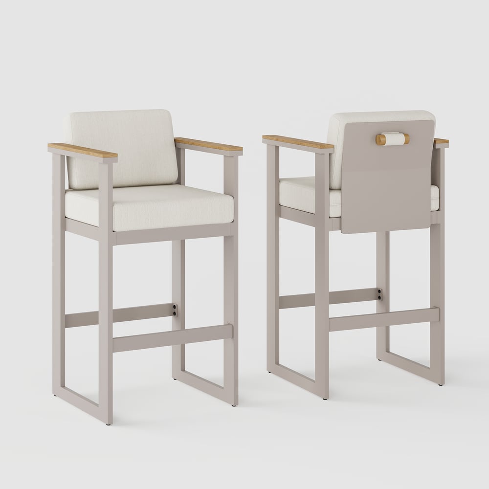 Tevara Outdoor Aluminum Frame & Teak Wood Armrest Bar Stools in Sand, Set of 2 window image