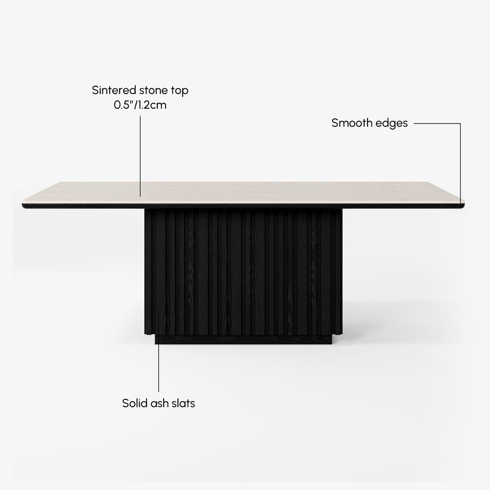 Aura 84" Rectangular Black Faux Travertine Sintered Stone Dining Table, Fluted Base, Seats 8 window image