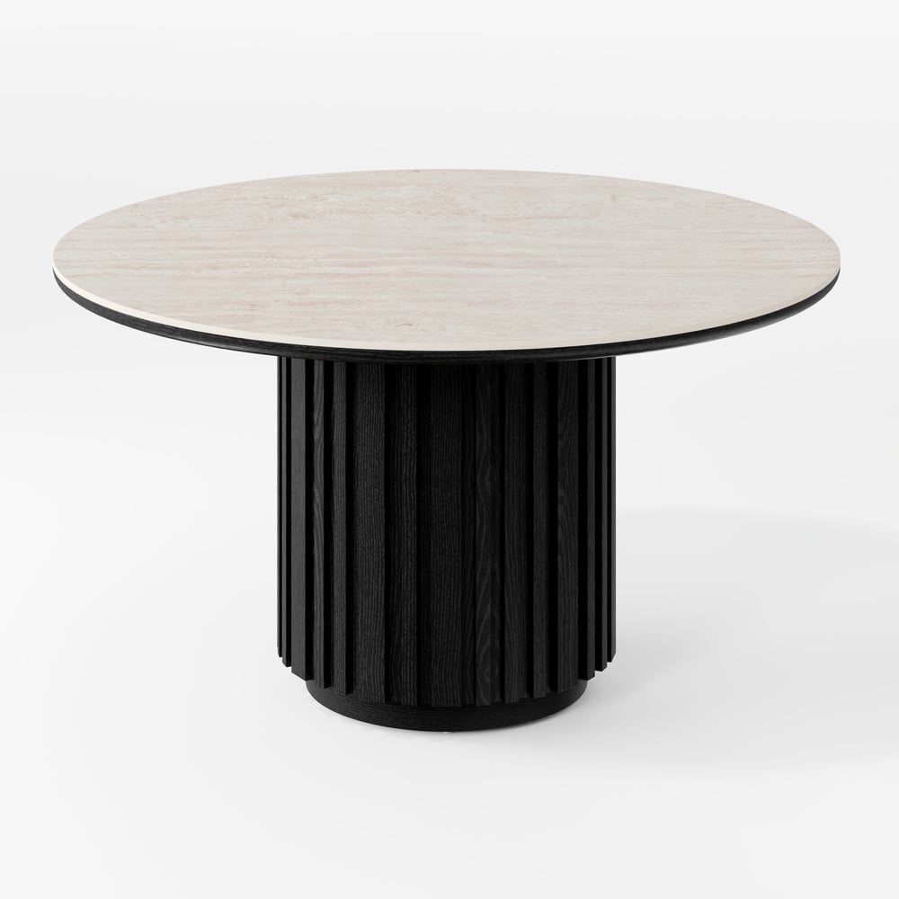 Aura 47" Round Black Faux Travertine Sintered Stone Dining Table, Fluted Base, Seats 4 window image