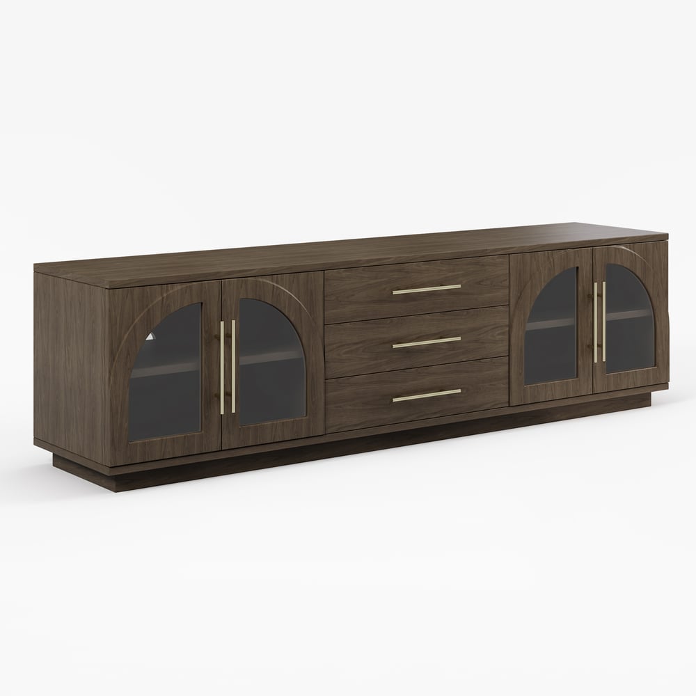 Arune 72" Arched Glass Doors Smoked Brown TV Stand with Storage and LED window image