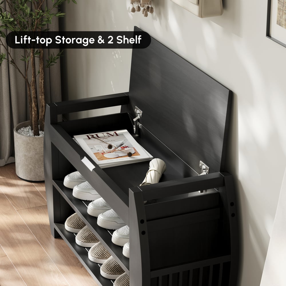 Banc d'entrée de rangement de chaussures noir en bois massif de 81 cm avec étagère à chaussures image de fenêtre