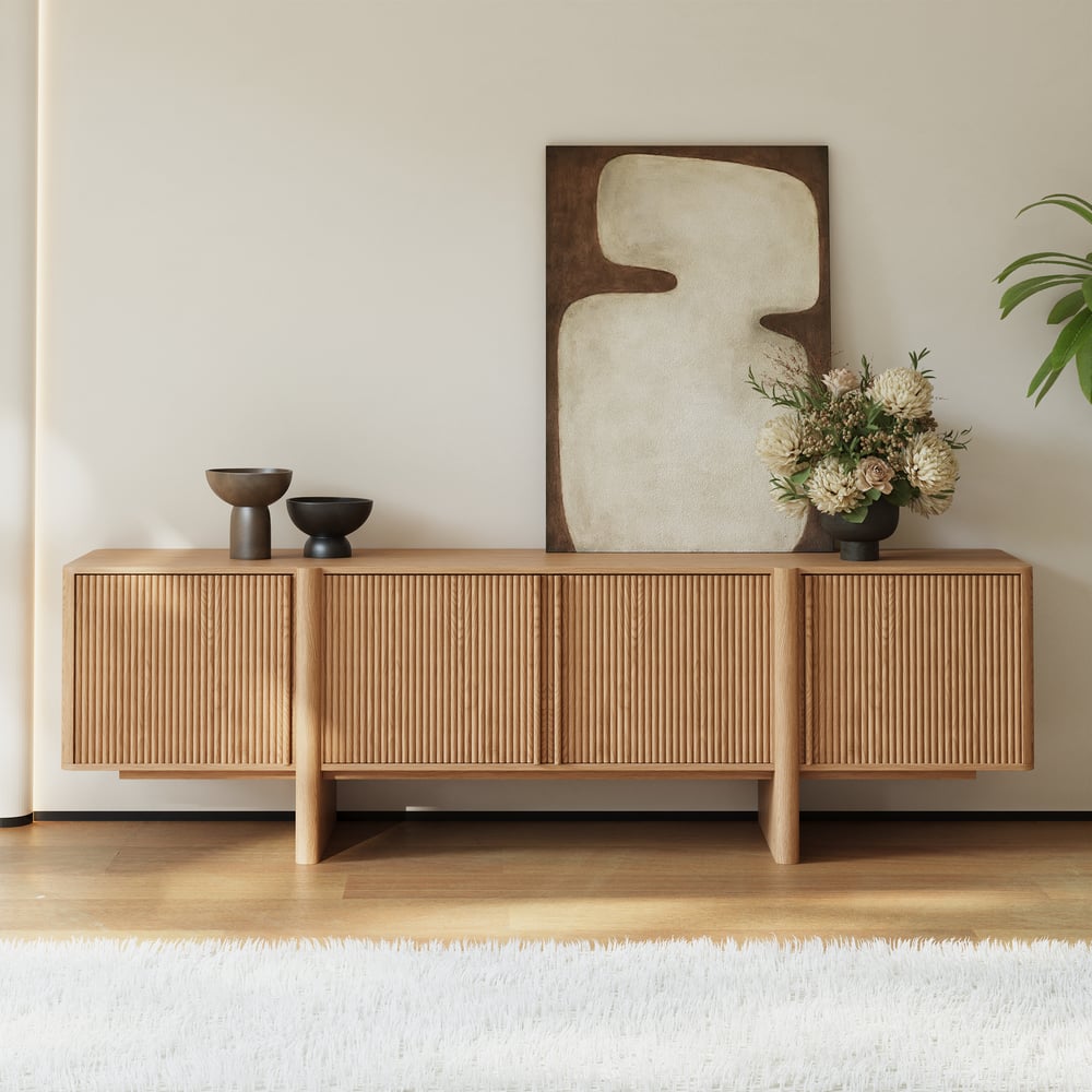 80" Solid Wood Fluted Natural TV Stand with Cabinets window image