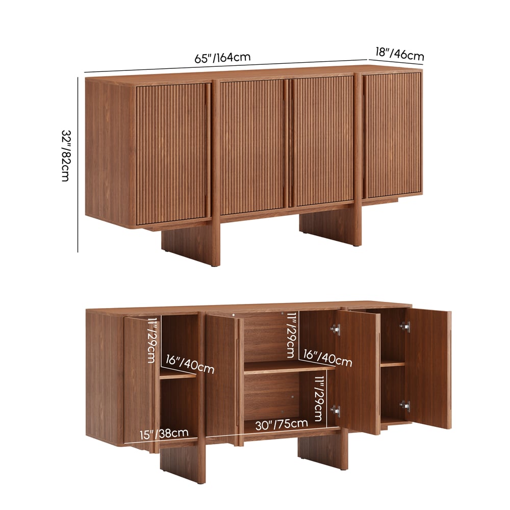 Enfilade cannelée en bois de noyer du milieu du siècle de 164 cm avec rangement et étagères réglables Poids, dimensions, image