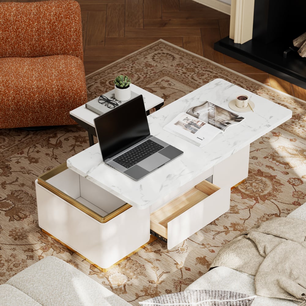 48" Ivory Saddle Leather Lift-Top Coffee Table with 2 Drawers window image