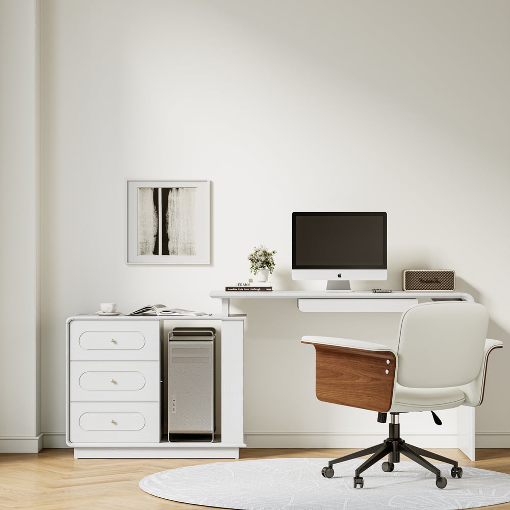 Modern 73" L-Shaped White Rotating Desk with Keyboard Tray & Storage window image