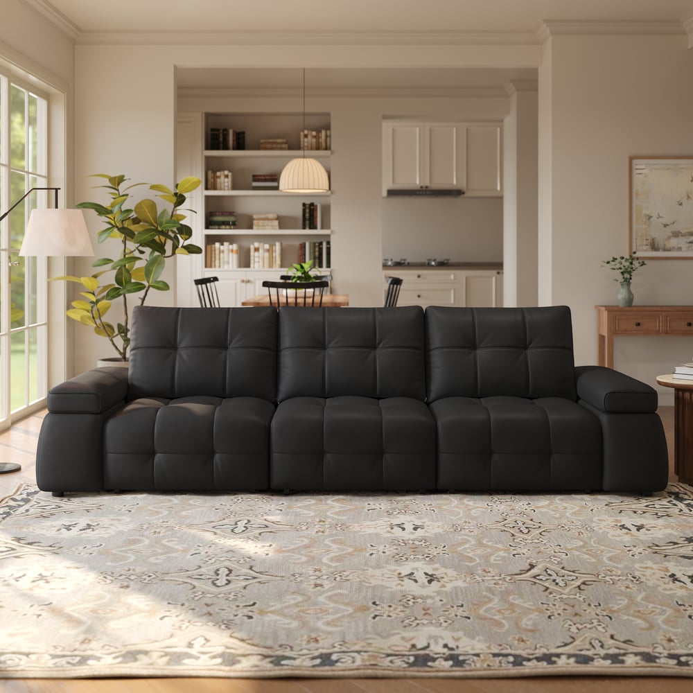 130" 3-Seater Genuine Leather Power Convertible Sleeper Sofa with Adjustable Armrests window image