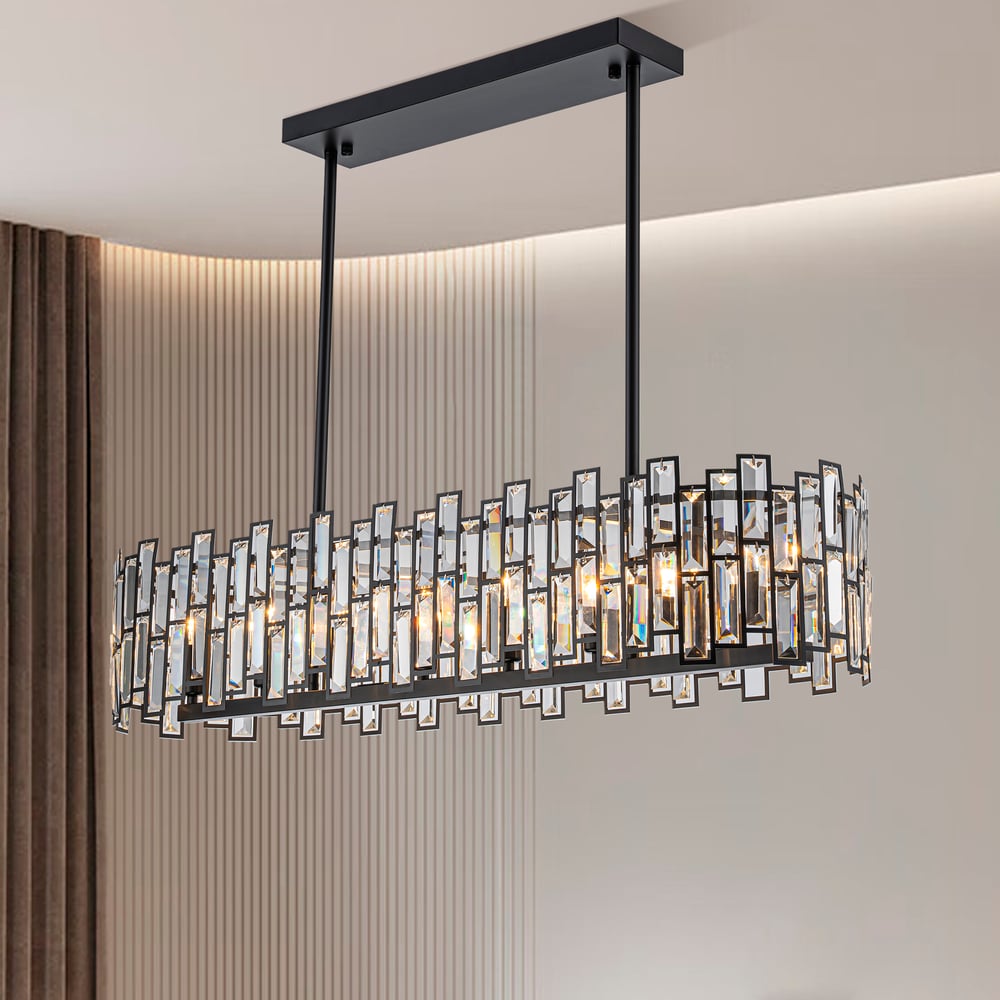 Clyvra 8-lichts keukeneilandlamp kristallen plafondlamp in zwart Vensterafbeelding