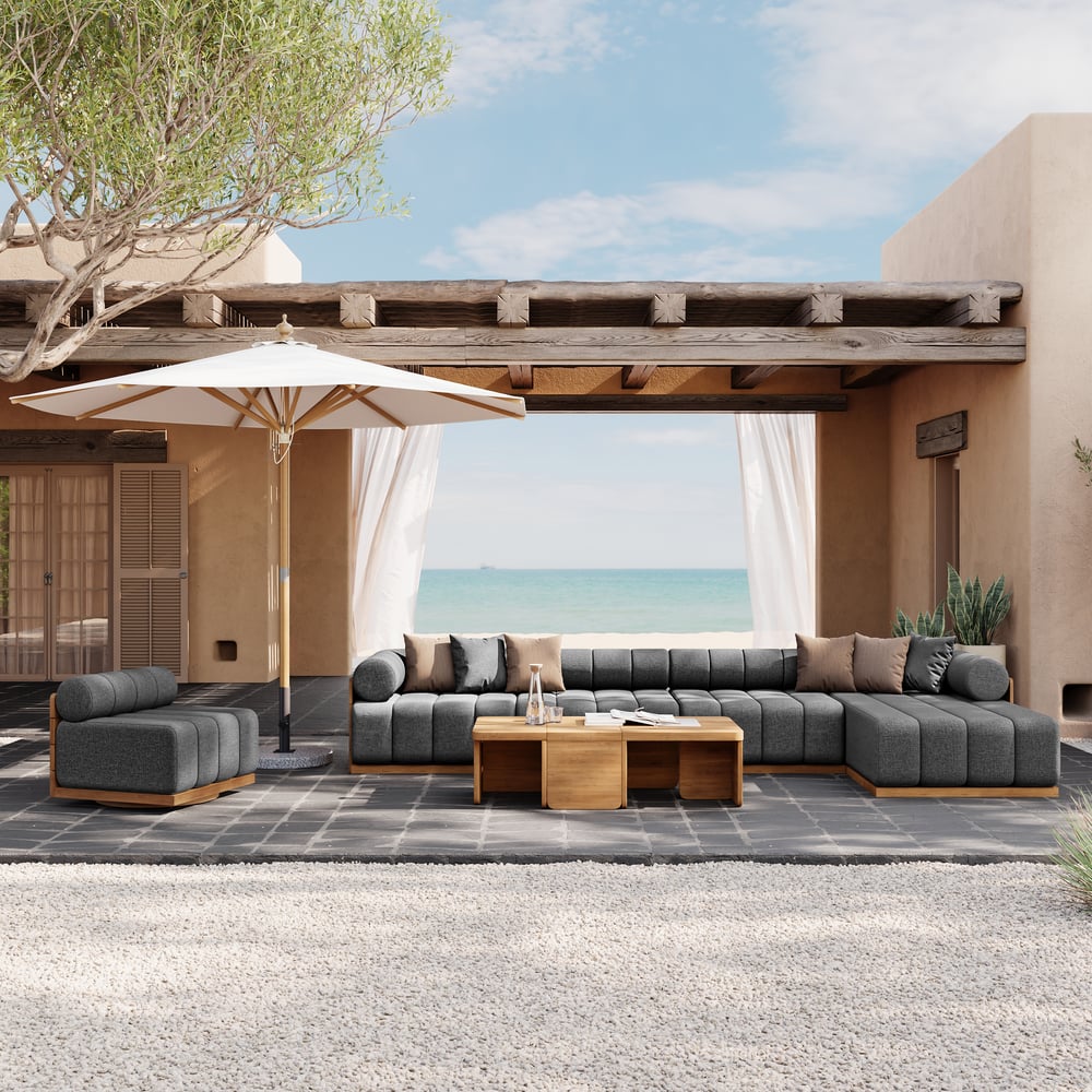 Ensemble de canapé modulaire d'extérieur Resaro 8 pièces en teck naturel cannelé, couleur gris image de fenêtre