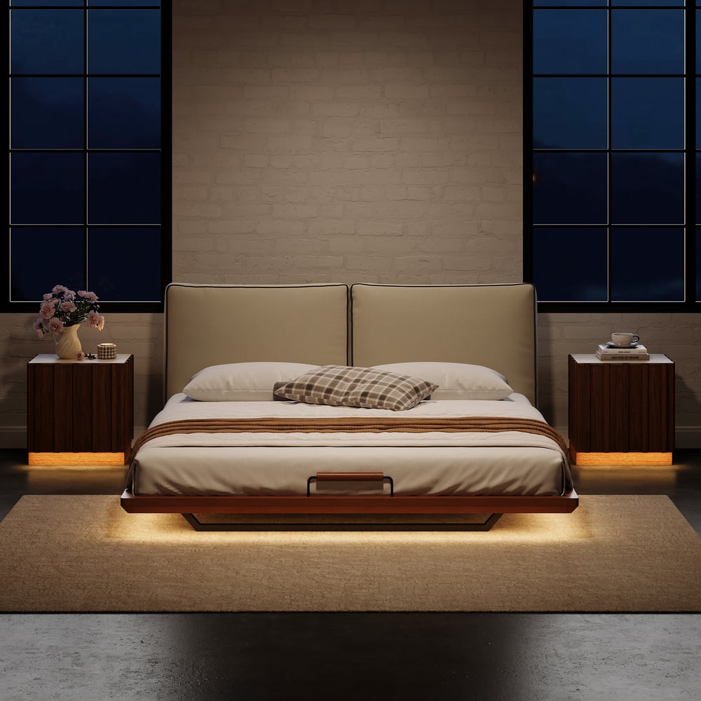 Japanese Style Solid Wood King Floating Bed with Headboard & Light window image