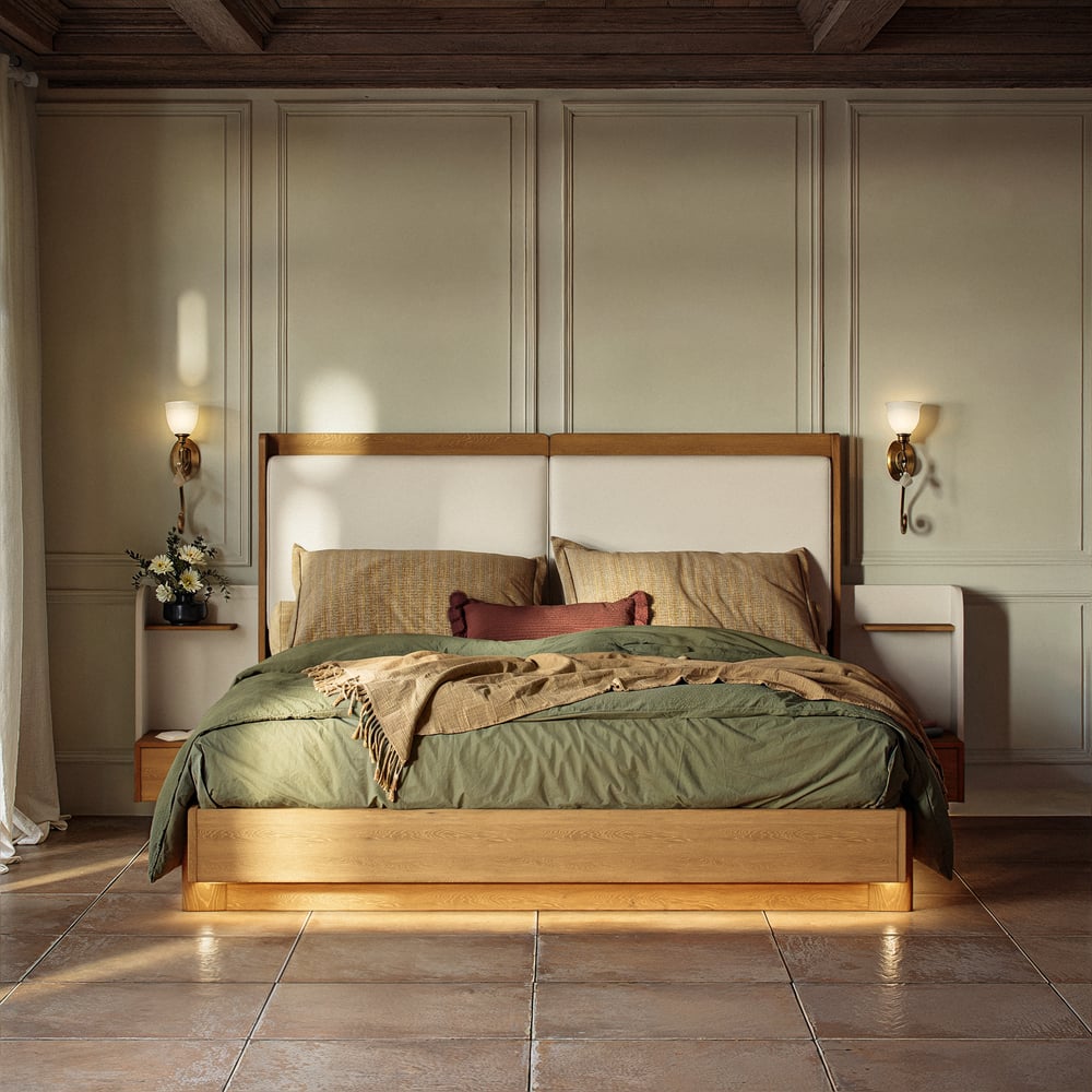 King Solid Wood Bed with Leather Extended Headboard & Floating Smart Nightstand Set window image