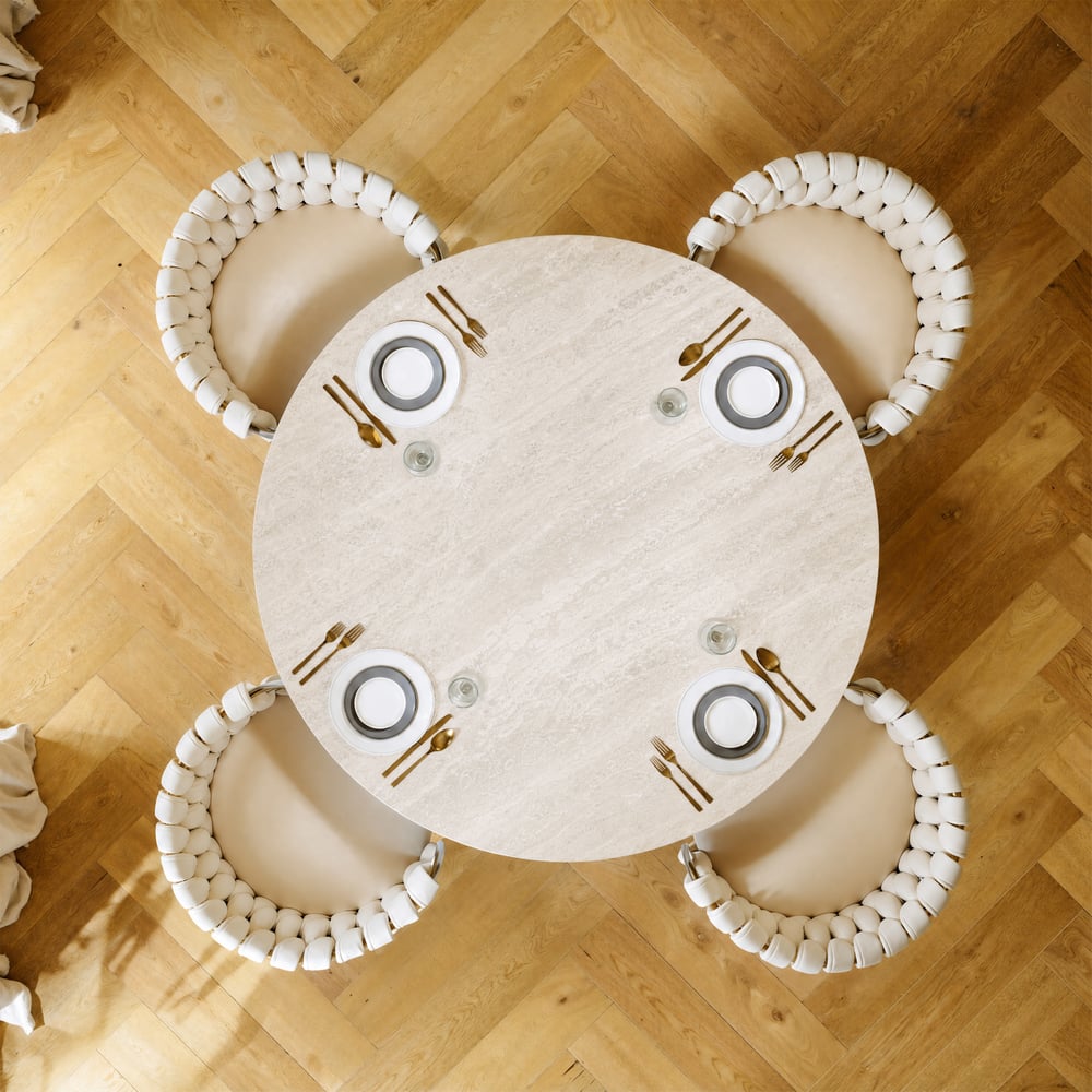 Modern 39" Round Faux Travertine Dining Table with Leather-Wrapped Base, Seats 2 window image