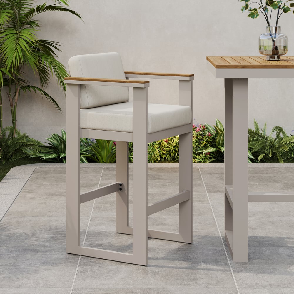 Tevara Outdoor Aluminum Frame & Teak Wood Armrest Bar Stools in Sand, Set of 2 window image